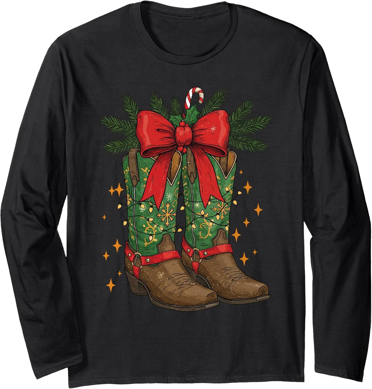 Christmas Cowgirl Boots Cowboy Western Coquette Bow Xmas Long Sleeve T-Shirt