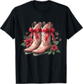 Christmas Western Cowboy Cowgirl Coquette Bow Pink Boots T-Shirt