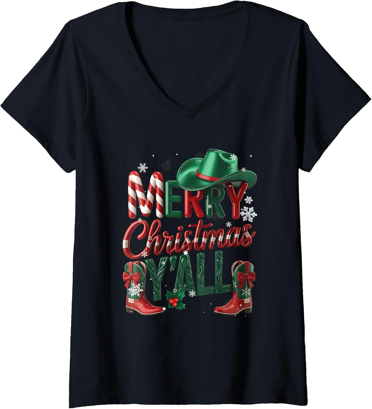 Womens Western Cowboy Howdy Merry Christmas Yall Cowgirl Boots Hat V-Neck T-Shirt