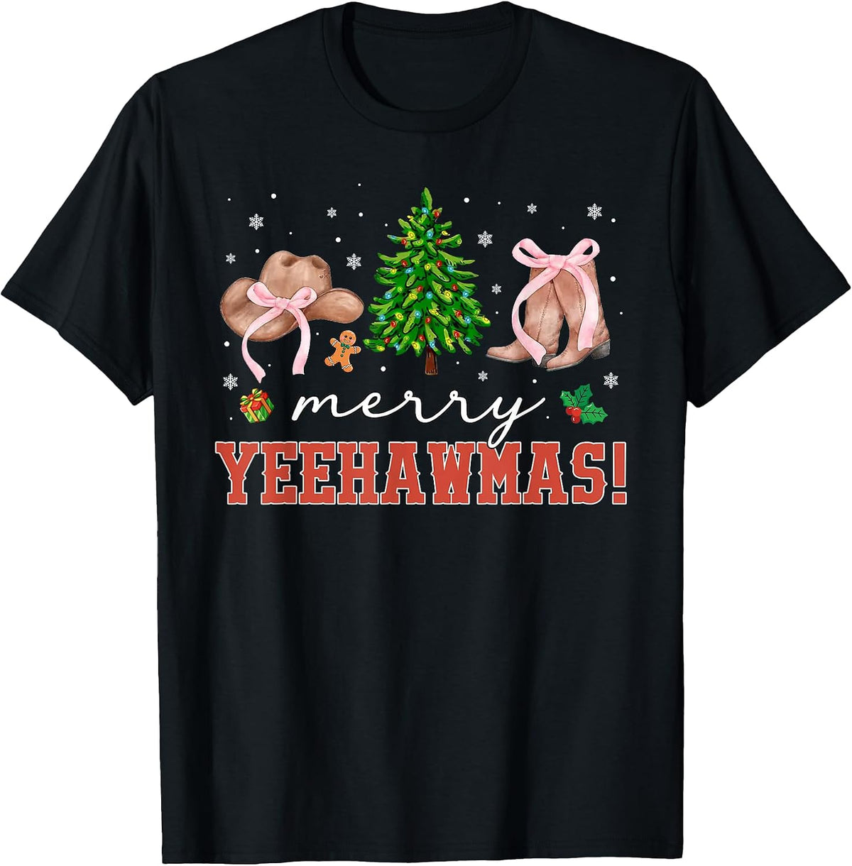 Merry YeehawMas Christmas Cowgirl Western Coquette Pink Bow T-Shirt