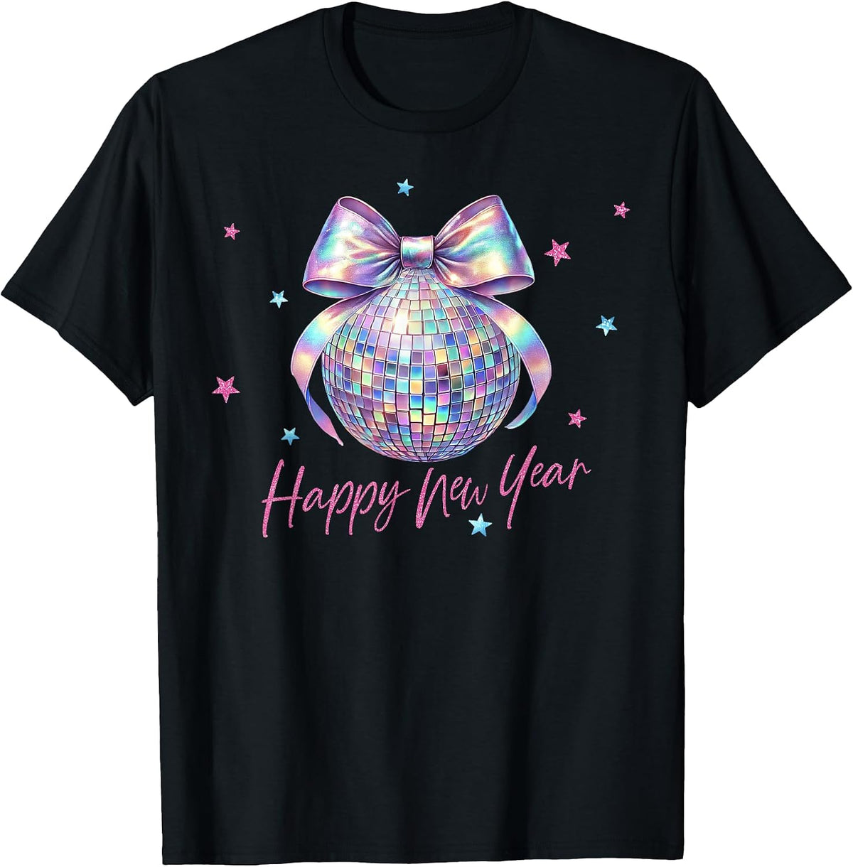 Happy New Year Cute Pink Disco Ball Bow New Year's Eve Girls T-Shirt