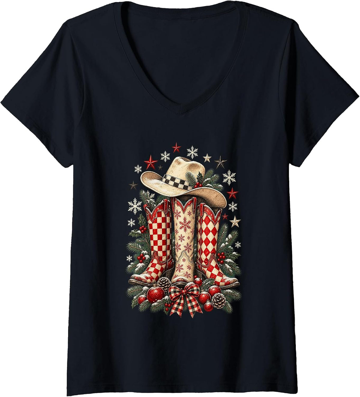 Women's Cowgirl Christmas Boots Retro Western Country Rodeo Winter V-Neck T-Shirt