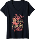 Women's Just a Girl Who Loves Cowboy Boots Cowgirl Western Christmas V-Neck T-Shirt