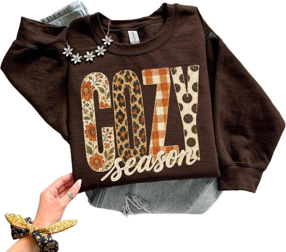 Unisex Cozy Season Sweatshirt, Cotton Fall Graphic Crewneck Pullover