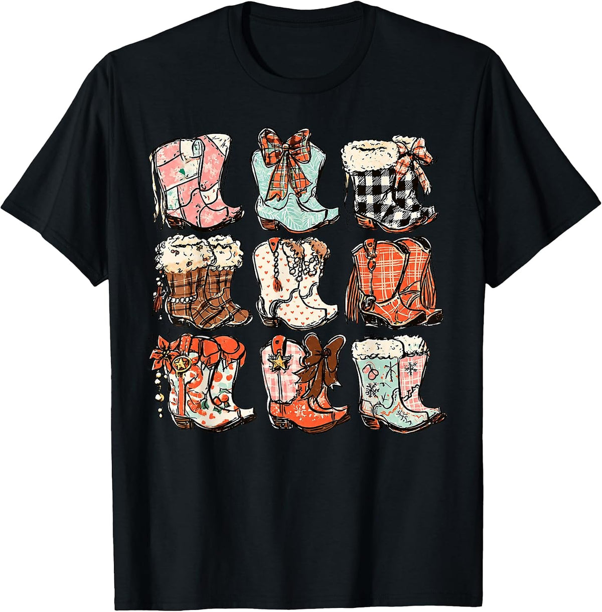 Christmas Cowboy Boots Western Cowgirl Holiday Women Girls T-Shirt