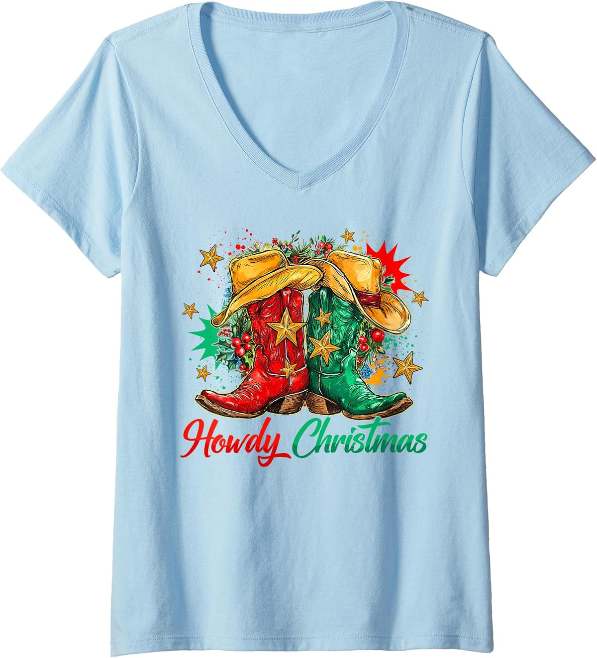 Womens Howdy Christmas Merry Christmas Western Cowboy Cowgirl Boots V-Neck T-Shirt
