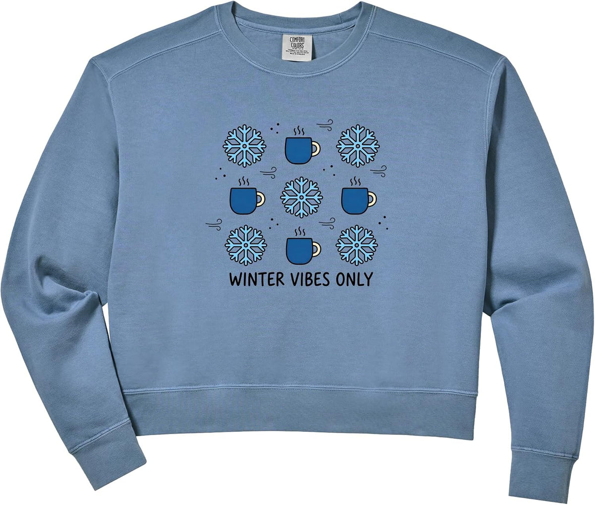 Womens Winter Vibes Only Snowflake Mug Grid Pattern Design Comfort Colors Crop Sweatshirt