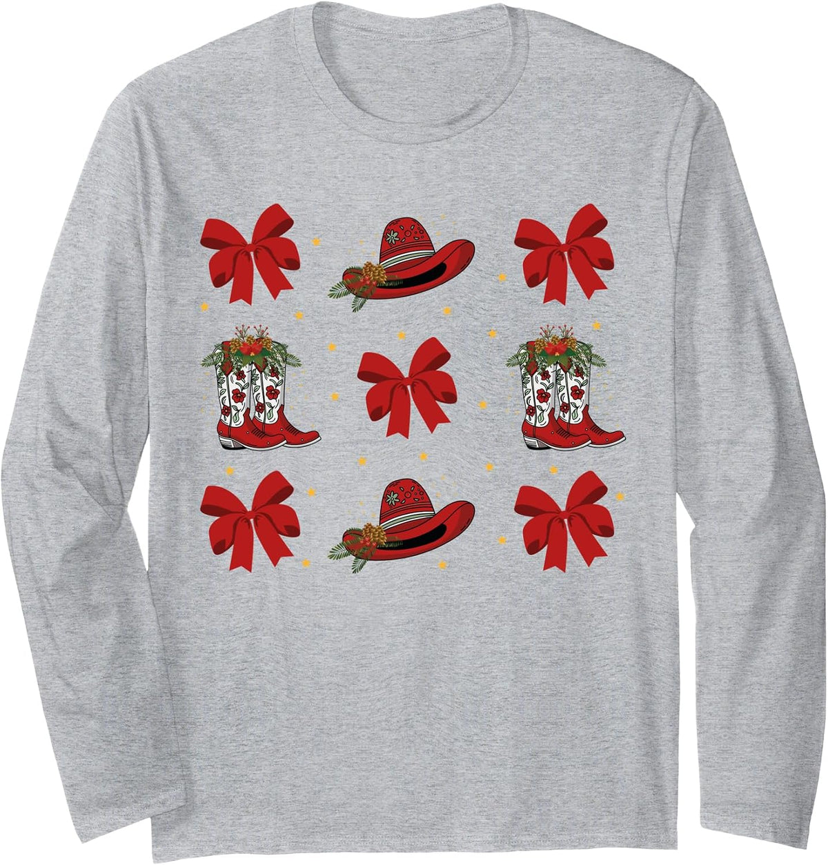 Western Coquette Cowgirl Christmas Bow Retro Christmas Boots Long Sleeve T-Shirt