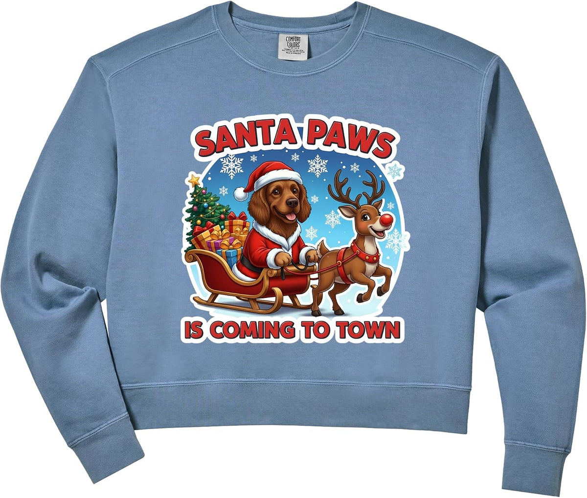 Womens Santa Paws Is Coming Christmas American Water Spaniel Dog Comfort Colors Crop Sweatshirt
