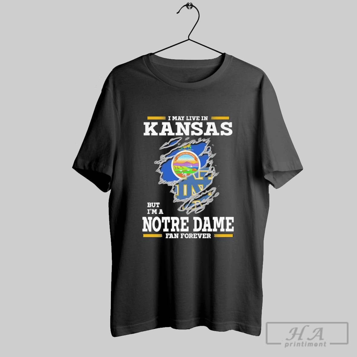 Original I May Live In Kansas But Im A Notre Dame Fighting Irish Fan Forever Unisex