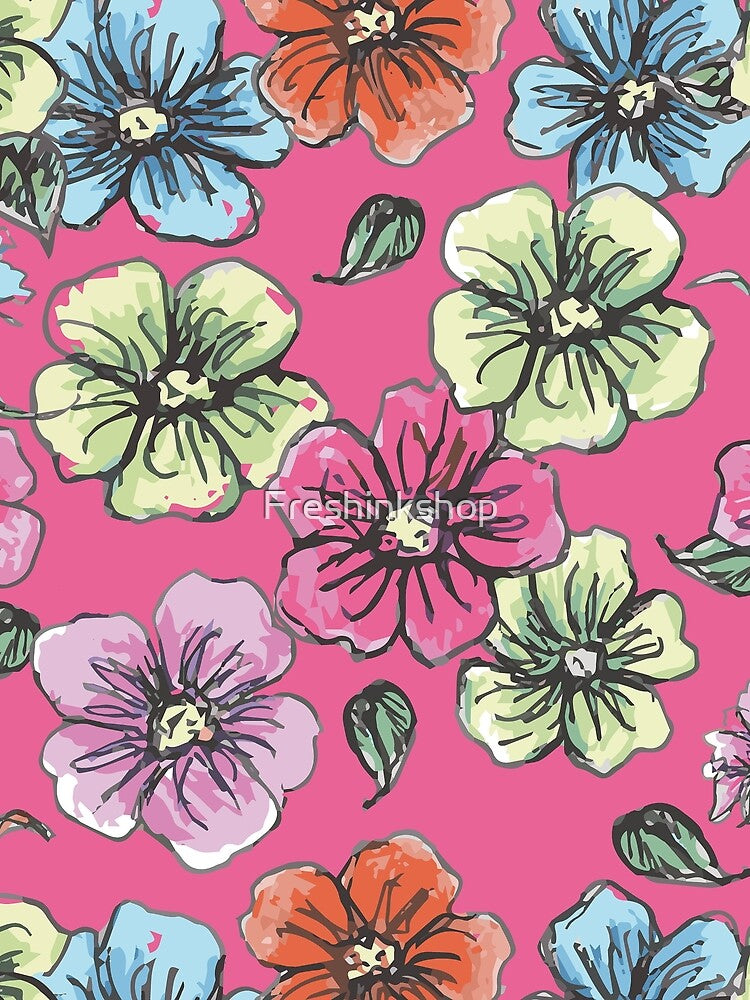 Rustic Flowers on Dark Pink by Freshinkshop