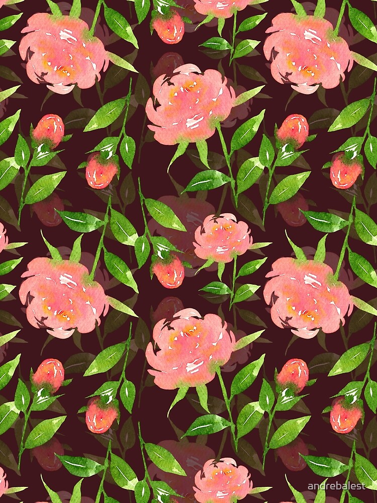 Watercolor Peonies Pattern #4 (Maroon Background) by andrebalest.art