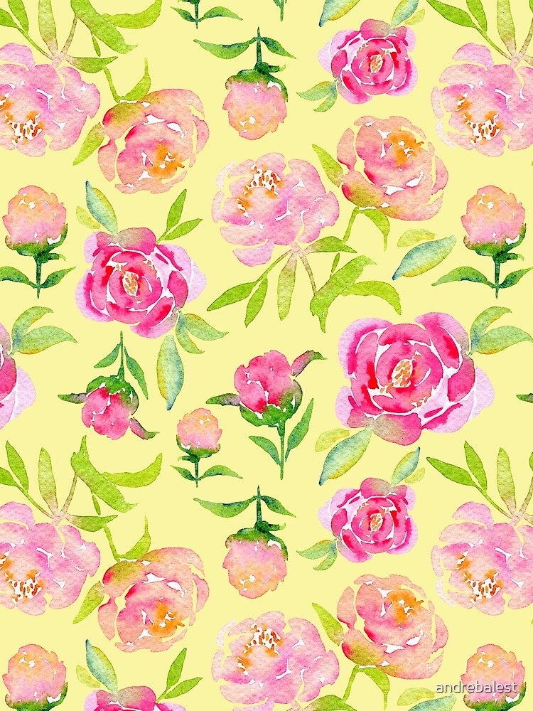 Watercolor Peonies Pattern #1 (Yellow Background) by andrebalest.art