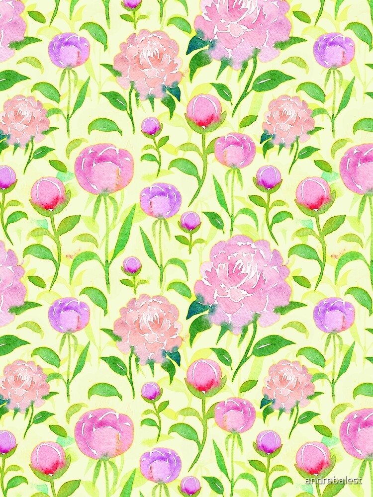 Watercolor Peonies Pattern #5 (Yellow Background) by andrebalest.art
