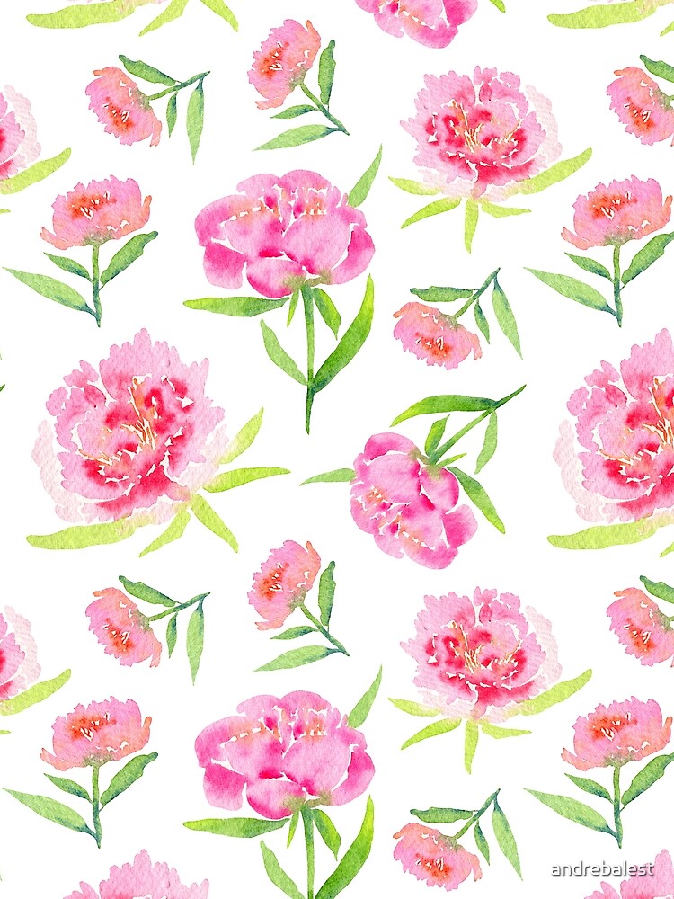 Watercolor Peonies Pattern #2 (White Background) by andrebalest.art