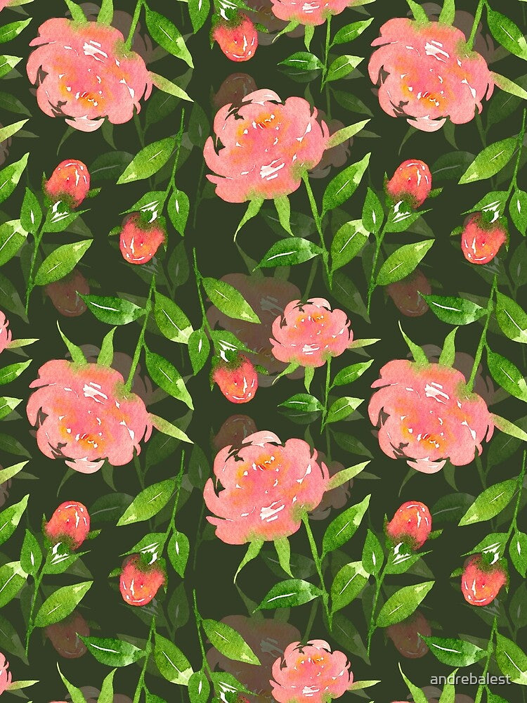 Watercolor Peonies Pattern #4 (Green Background) by andrebalest.art