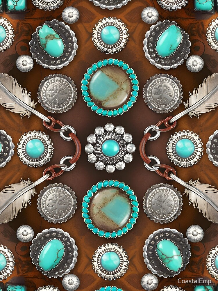 Western Turquoise Concho Pattern – Rustic Southwest Silver & Turquoise Seamless Design by CoastalEmp