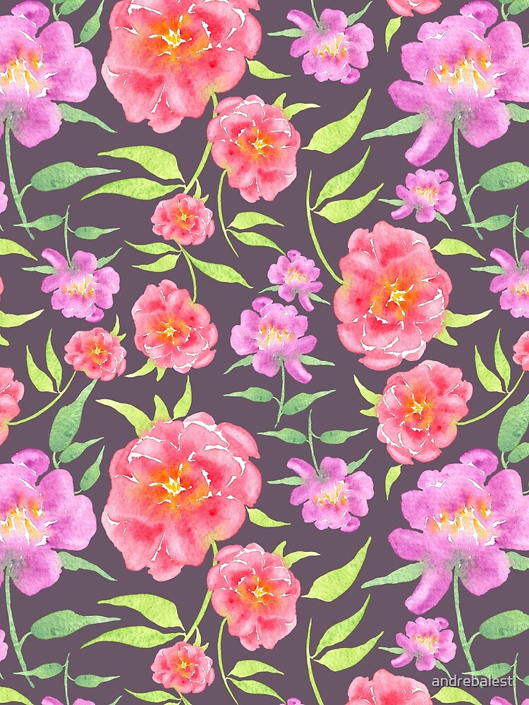 Watercolor Peonies Pattern #3 (Purple Background) by andrebalest.art