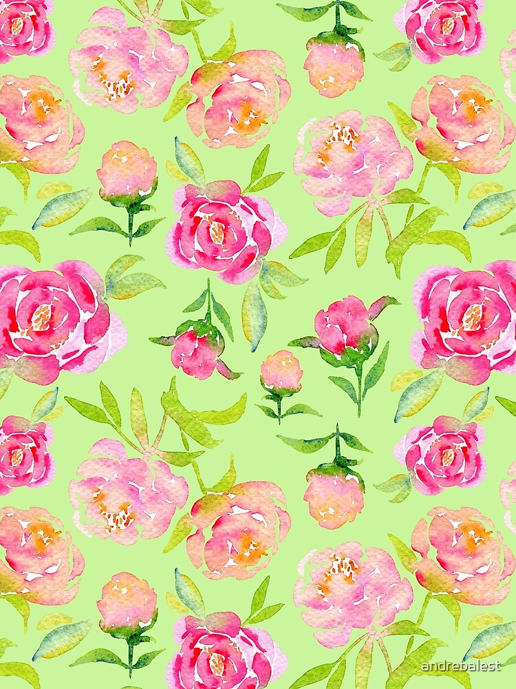 Watercolor Peonies Pattern #1 (Green Background) by andrebalest.art