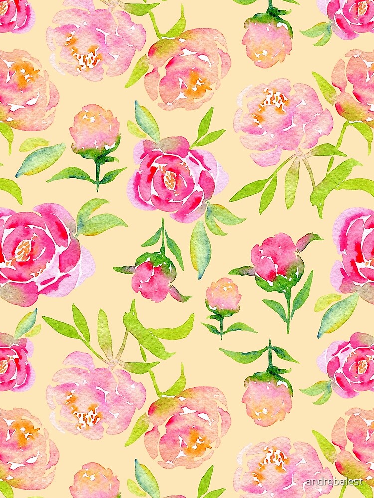 Watercolor Peonies Pattern #1 (Peach Background) by andrebalest.art