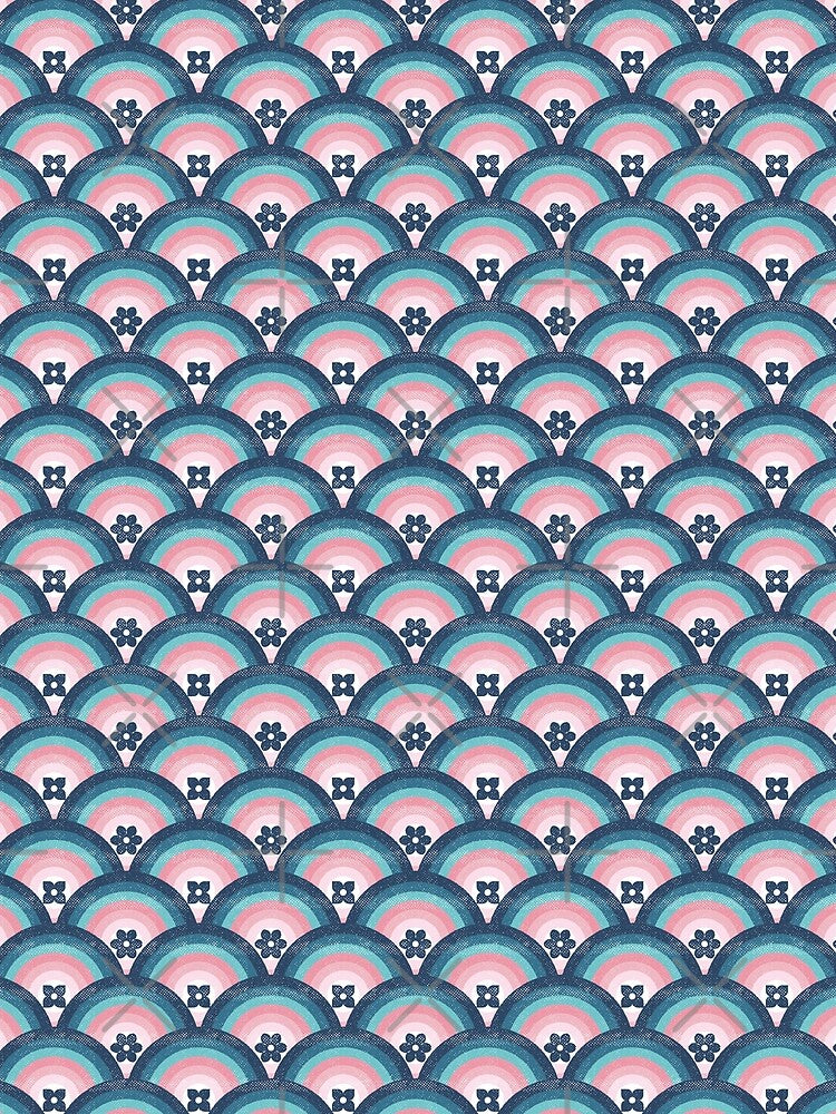 Blue - Pink Retro 70s Scallop Circle Flowers by WickedRefined - Nicole Demereckis
