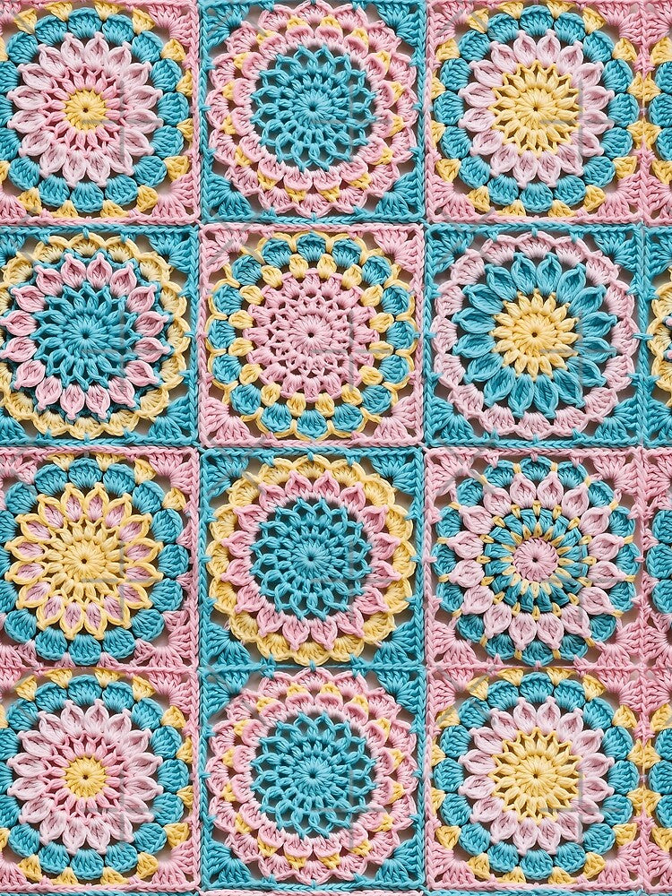 Pastel Crochet Flower Square Pink Blue Yellow by LuisWorks