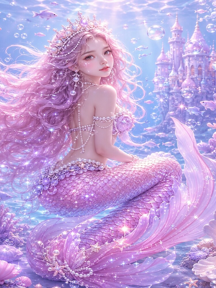 Pastel Mermaid Princess – Dreamy Pink & Purple Ocean Fantasy Mermaid with Pearl Crown by Moonlight Studio