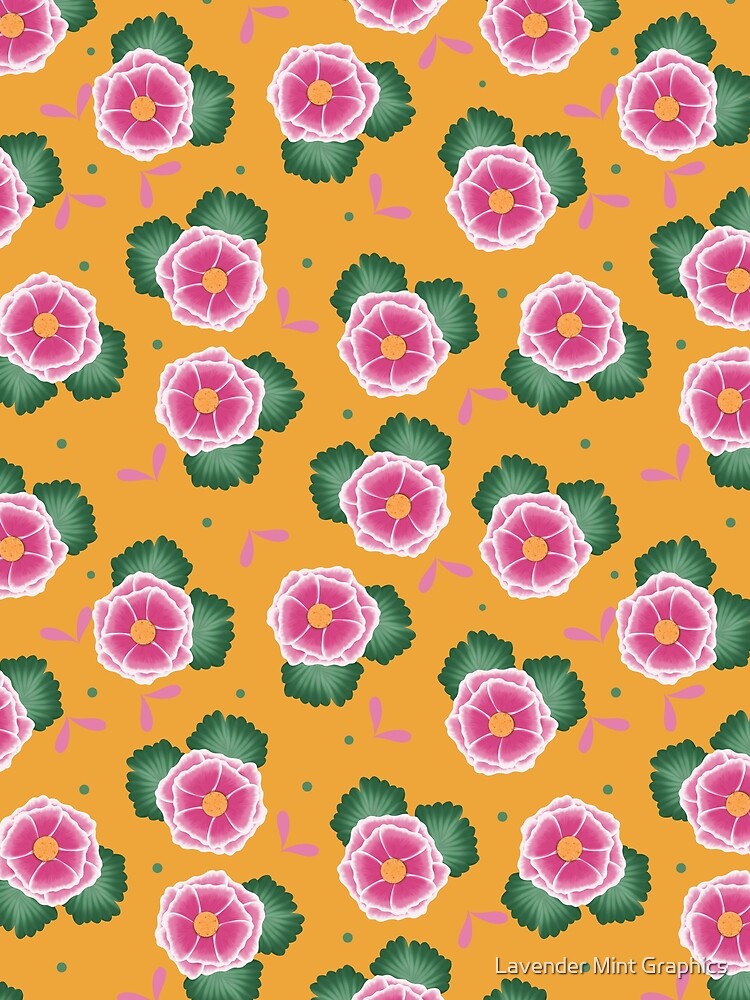 Pink Flowers Floral Pattern on Golden Yellow Background by Lavender Mint Graphics