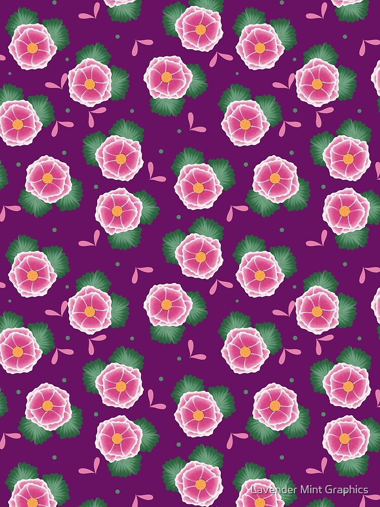 Pink Flowers Floral Pattern on Dark Purple Background by Lavender Mint Graphics