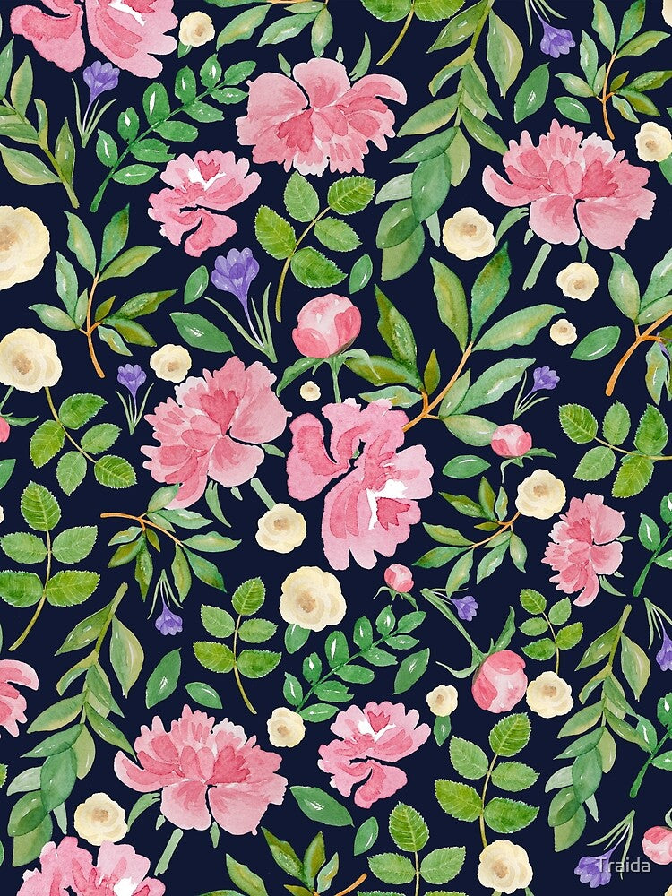 Seamless floral pattern, hand-drawn watercolor by Traida