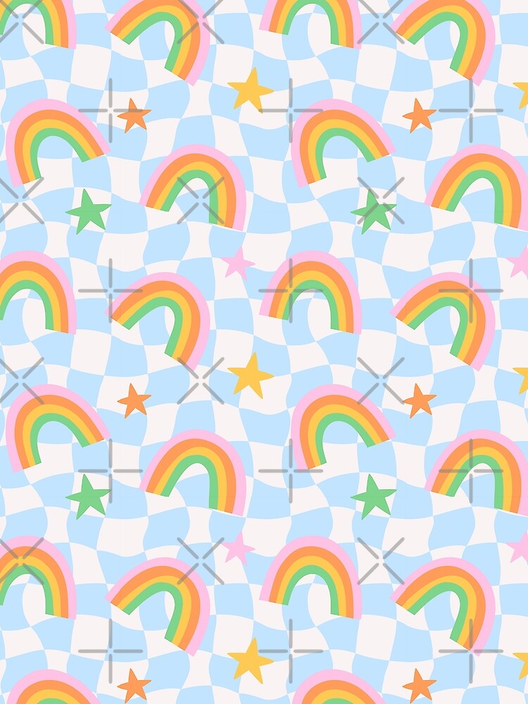 Retro Checkerboard Rainbow Star repeating Pattern, 70s aesthetic, 70s colours by CEB1700