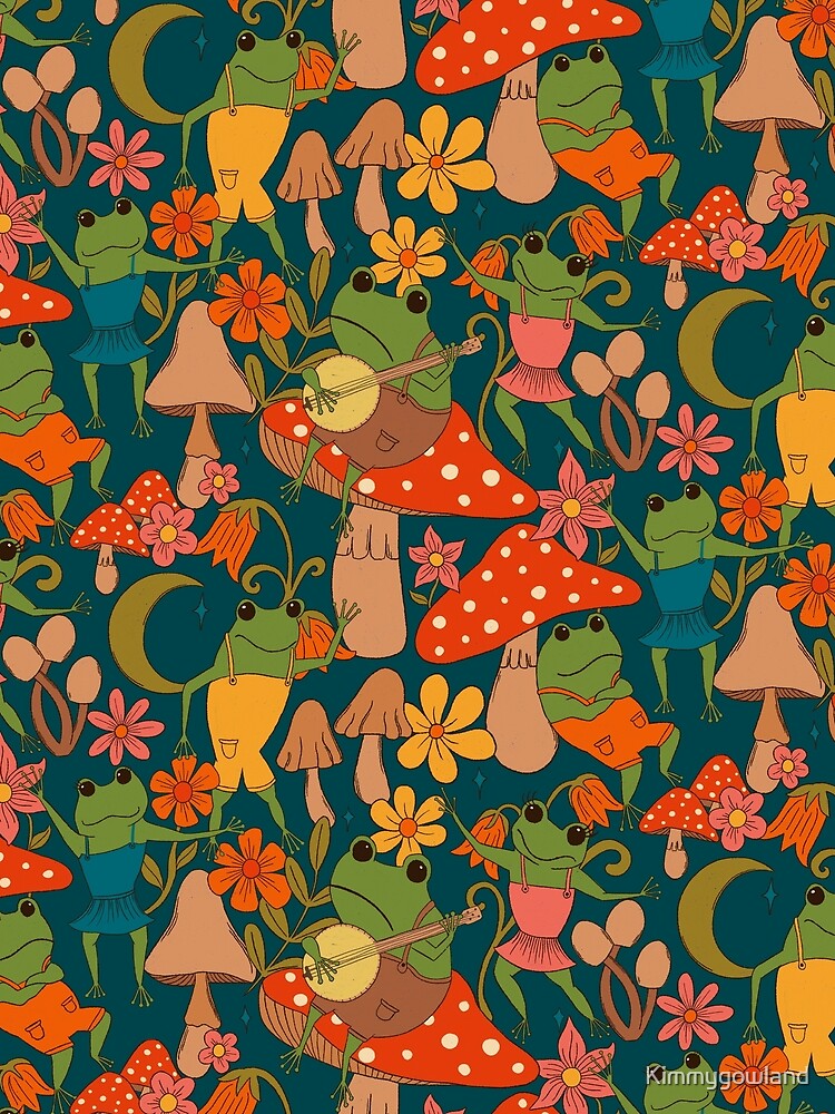 Cottagecore frogs toadstools mushrooms vintage inspired seventies style frog print by Kimmygowland