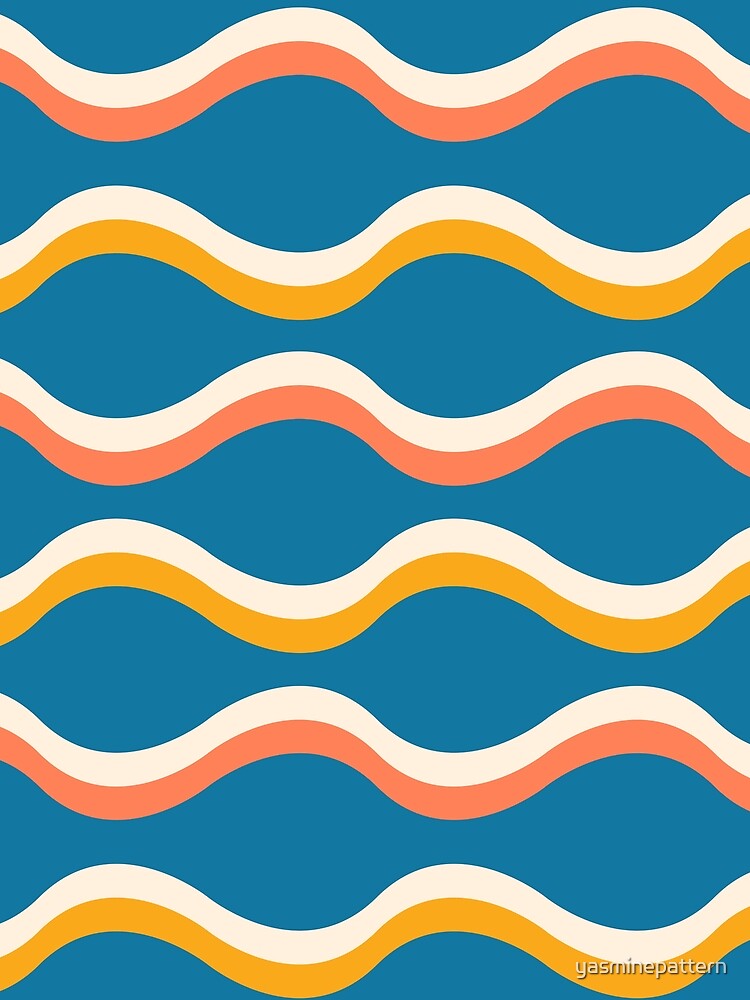 Abstract Groovy Retro  Waves Pattern  in white and orange on blue by Yasminepatterns