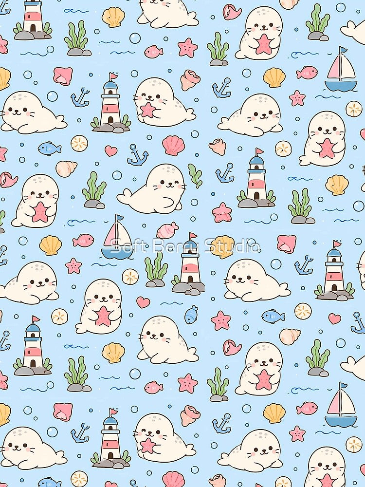 Seal Ocean Adventure Kawaii Pattern by Soft Berry Studio
