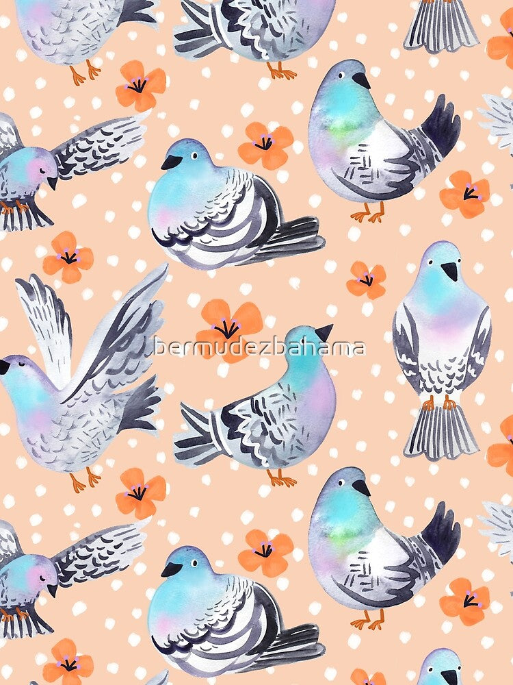 Spring Pigeons Flowers and Spots on Peach Background by bermudezbahama