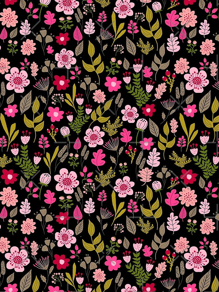 Hand drawn flowers and plants illustration on black base by PurrfectCorner
