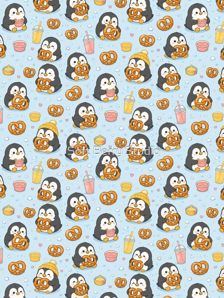 Penguin Pretzel Pattern | Cute Kawaii Snack Food Design by Soft Berry Studio
