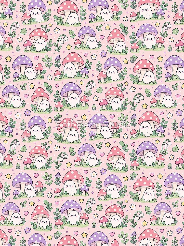 Kawaii Mushroom Ghost Pattern by Soft Berry Studio