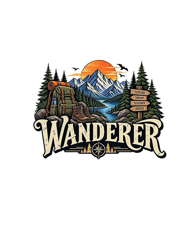 Vintage Wanderer Mountain Adventure Explore Dream Discover by CreativeNest Prints