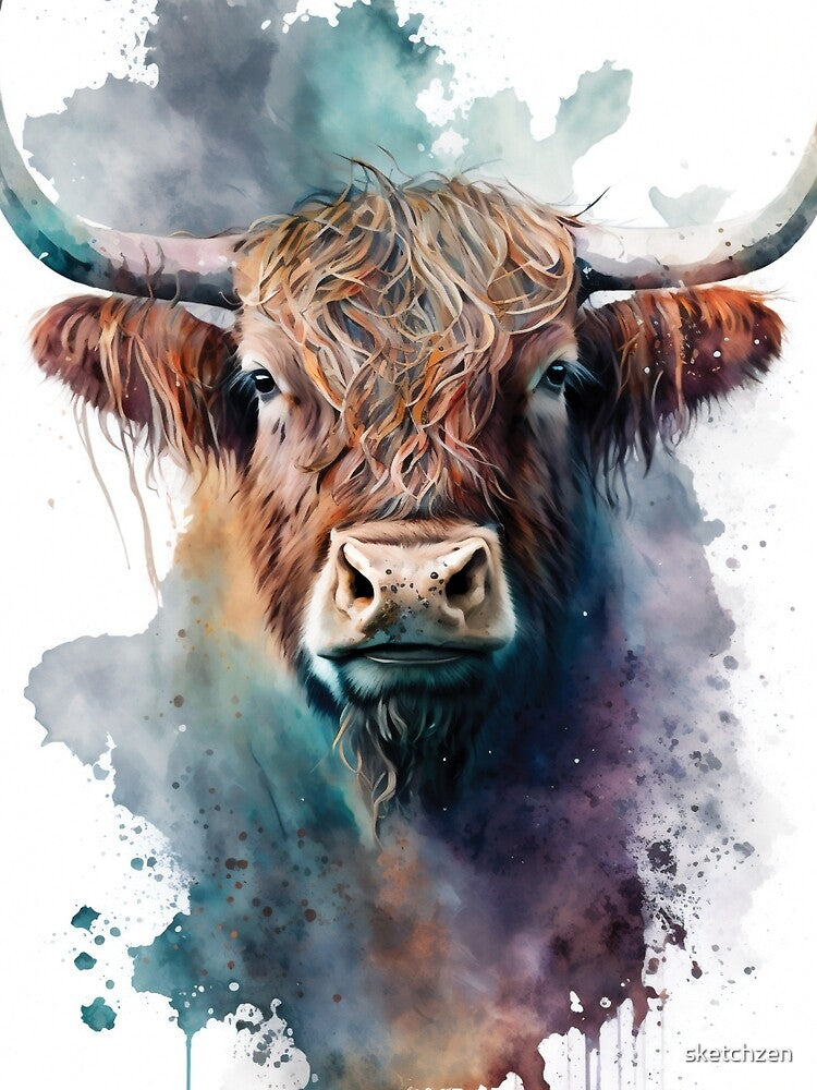 Highland cow watercolour digital design by sketchzen