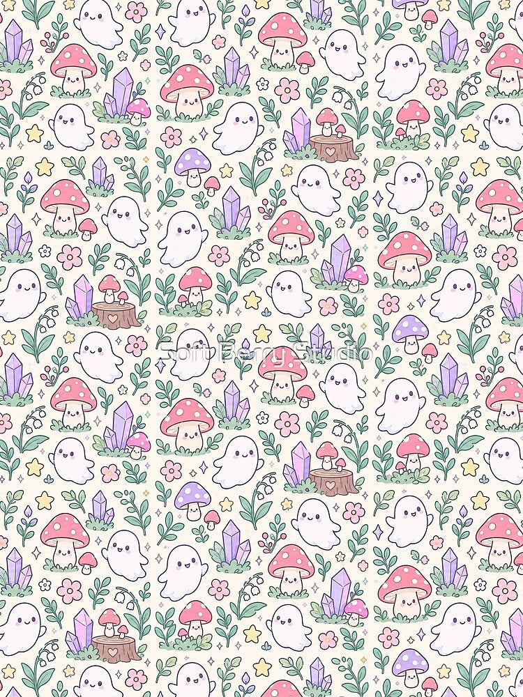 Kawaii Ghost Mushroom Pattern by Soft Berry Studio