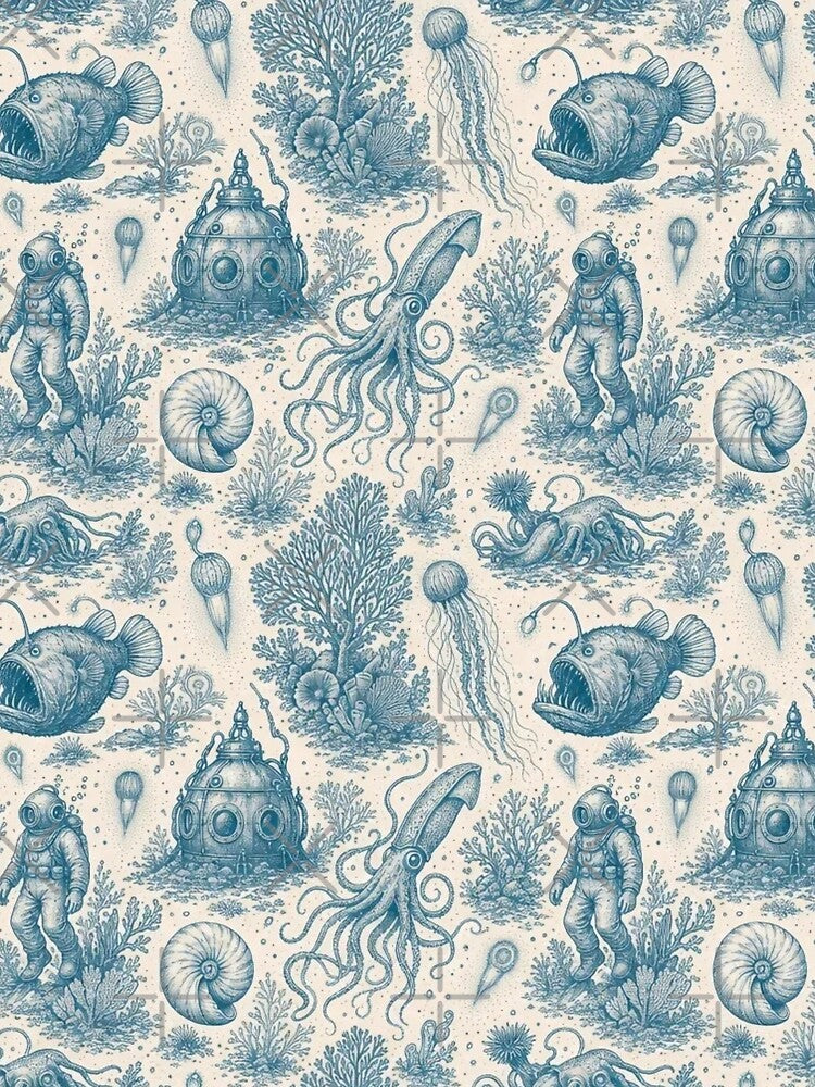 Bioluminescent Deep Sea Toile Pattern Vintage Ocean by StickyGuys