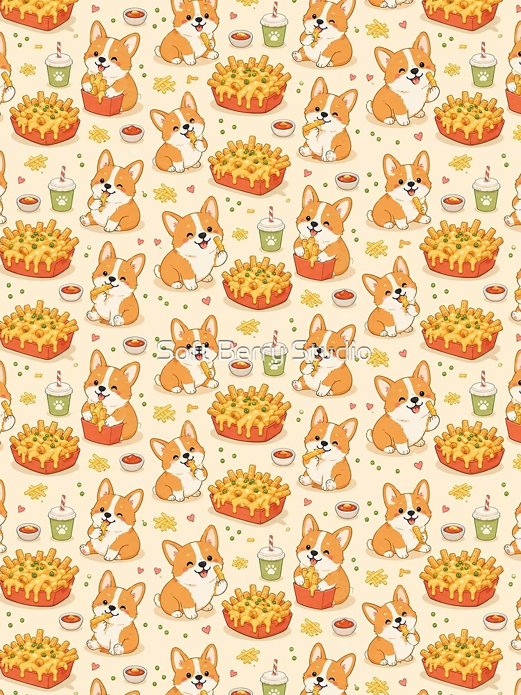 Corgi Cheese Fries Kawaii Food Pattern by Soft Berry Studio