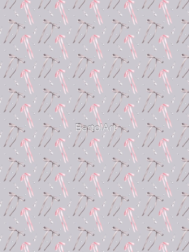 Watercolor ribbons and bows with pearl earrings seamless pattern. Grey and pink colour Hand drawn coquette illustration by BartolArt