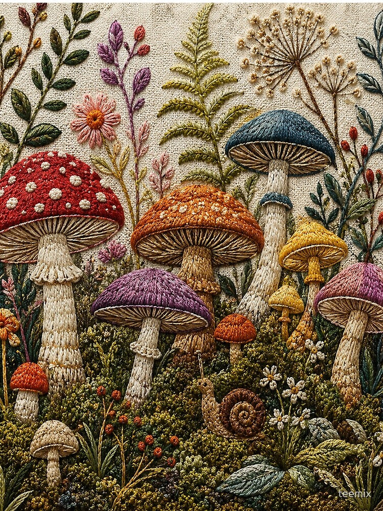 Textured Embroidered Mushroom Forest Cottagecore Fungi by teemix