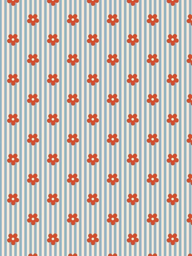 Red Floral Pattern | Red Flowers on Blue Stripes | Retro Orange-Red Floral Stripes Design | Preppy Red Flower Pattern | Coquette Red and Blue Floral Stripes | Summer Vibes Red Floral by VivaFy
