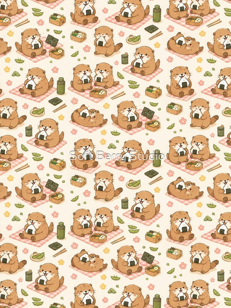 Otter Onigiri Picnic Pattern by Soft Berry Studio
