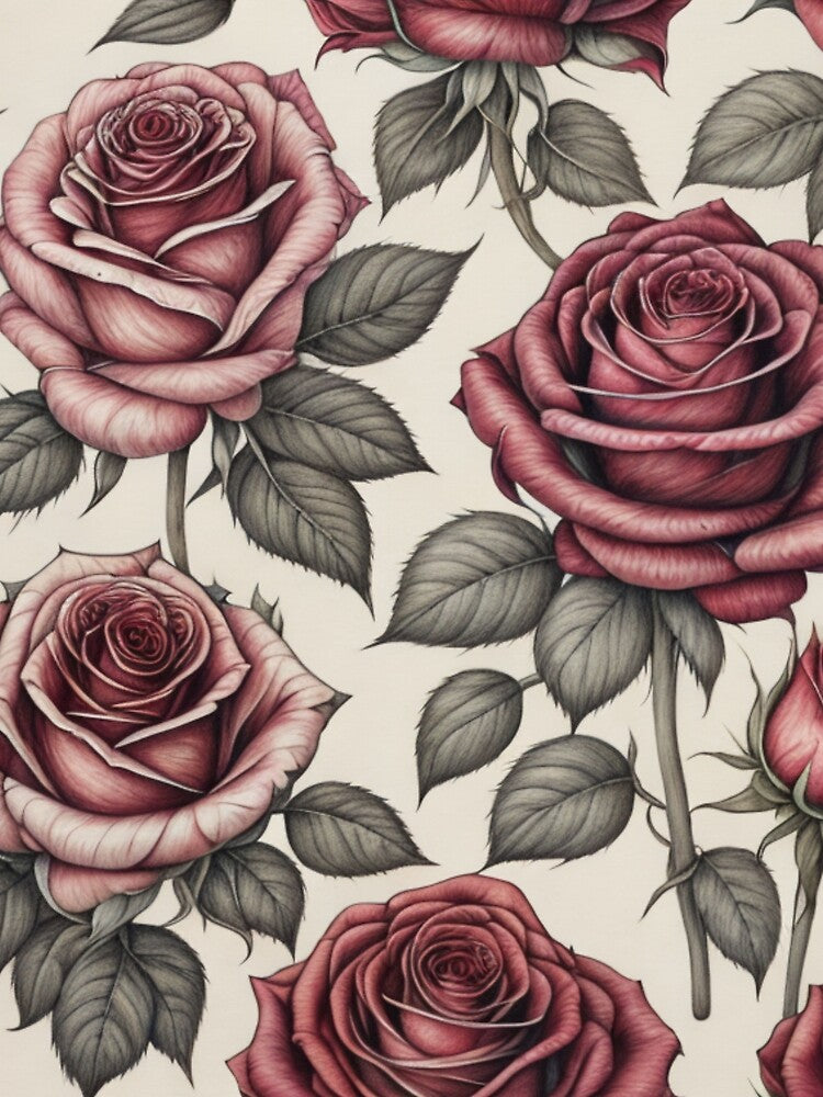 "Hand Drawn" Red Roses on Cream by Sun-Soles