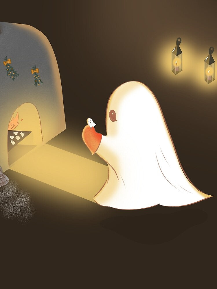 Cozy Ghost Baking Cookies | Cute Whimsical Halloween & Christmas Cottagecore Illustration by ☽ Moonroot Cottage ☾
