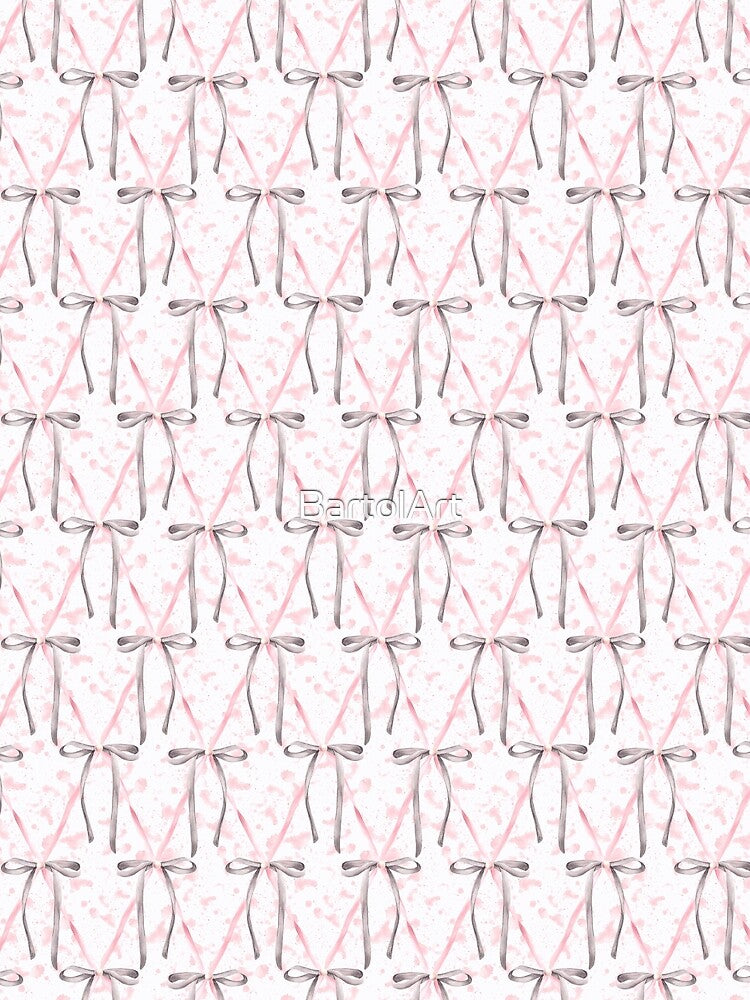Pink grey silk bow seamless pattern Watercolor splashes ribbon, Girl coquette diamond lattice design illustration by BartolArt